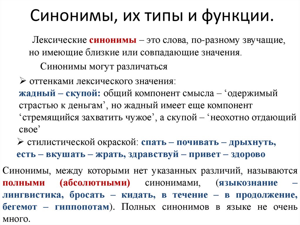 Синонимы, их типы и функции.