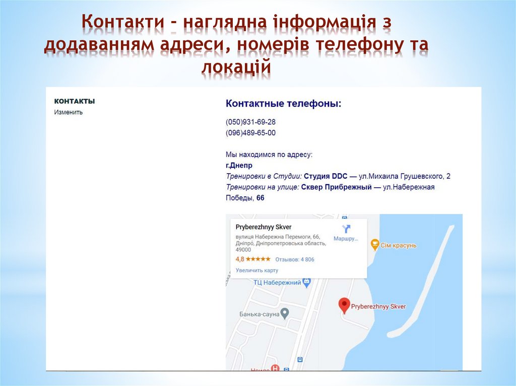 Контакти - наглядна інформація з додаванням адреси, номерів телефону та локацій