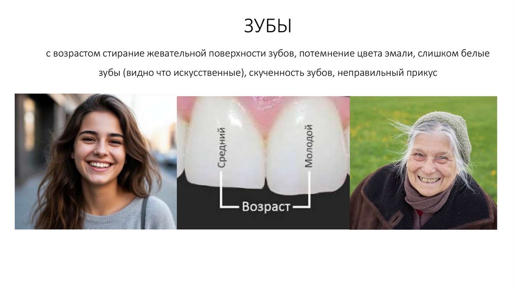 ЗУБЫ с возрастом стирание жевательной поверхности зубов, потемнение цвета эмали, слишком белые зубы (видно что искусственные),