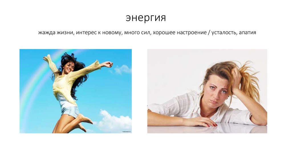 энергия жажда жизни, интерес к новому, много сил, хорошее настроение / усталость, апатия