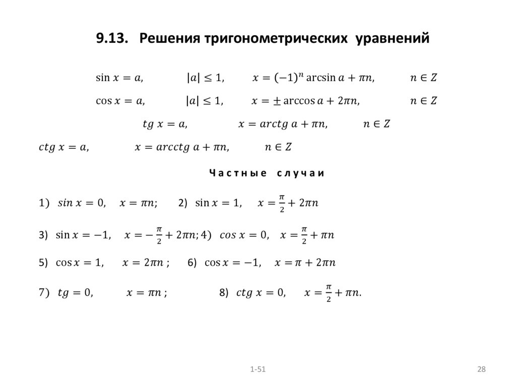 9.13. Решения тригонометрических уравнений