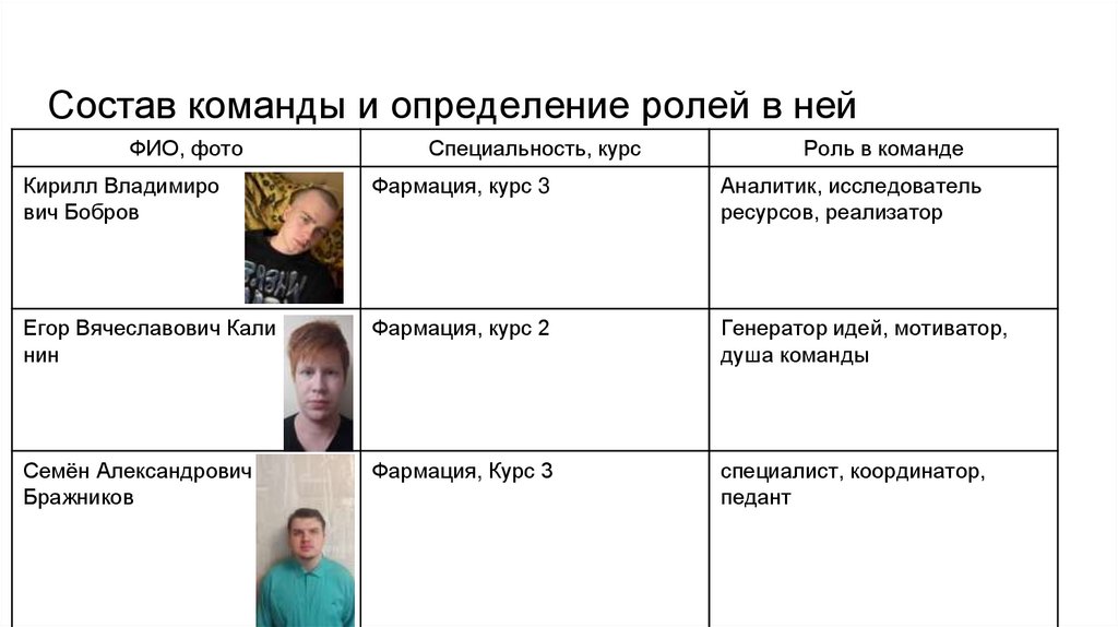 Состав команды и определение ролей в ней