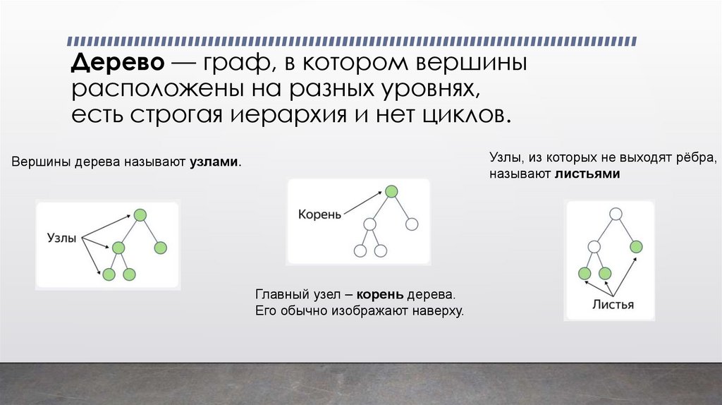 Дерево — граф, в котором вершины расположены на разных уровнях, есть строгая иерархия и нет циклов.