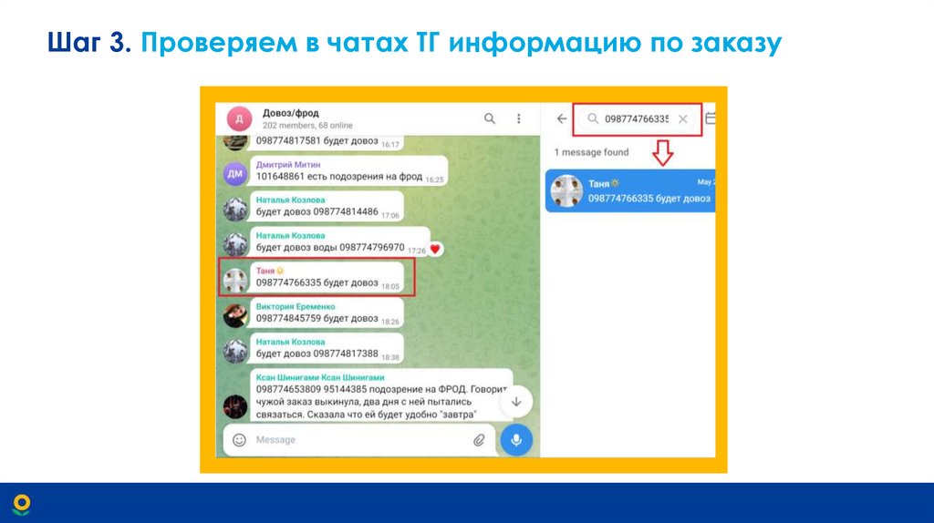 Шаг 3. Проверяем в чатах ТГ информацию по заказу