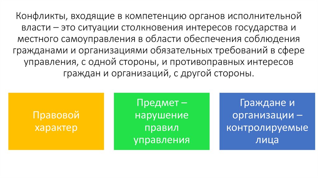 Конфликты, входящие в компетенцию органов исполнительной власти – это ситуации столкновения интересов государства и местного