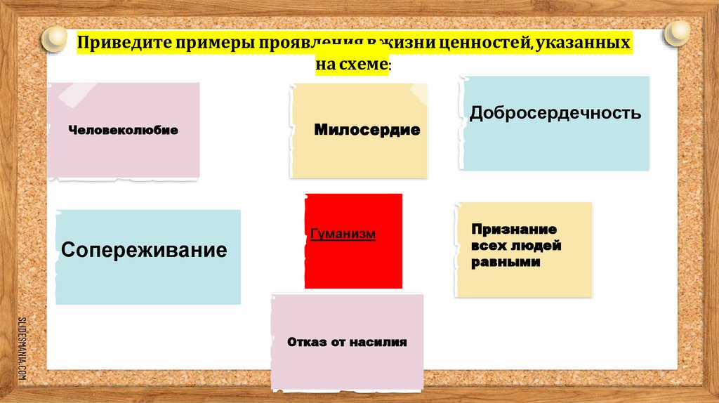 Приведите примеры проявления в жизни ценностей, указанных на схеме:
