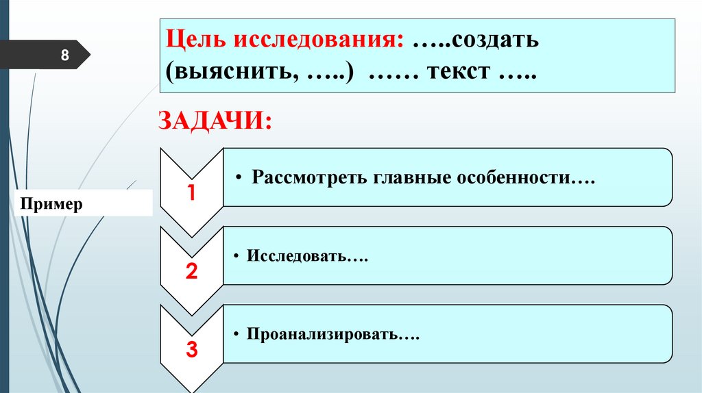 Цель исследования: …..создать (выяснить, …..) …… текст …..