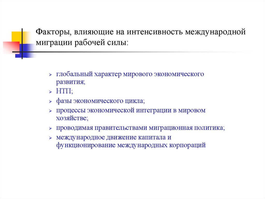Факторы, влияющие на интенсивность международной миграции рабочей силы: