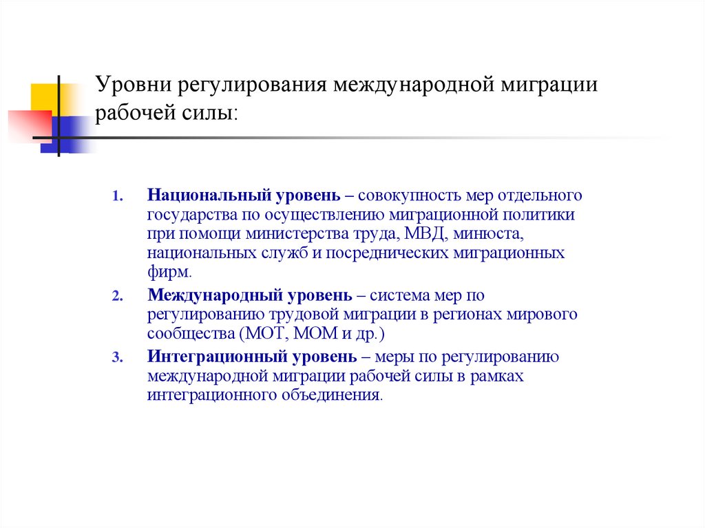 Уровни регулирования международной миграции рабочей силы: