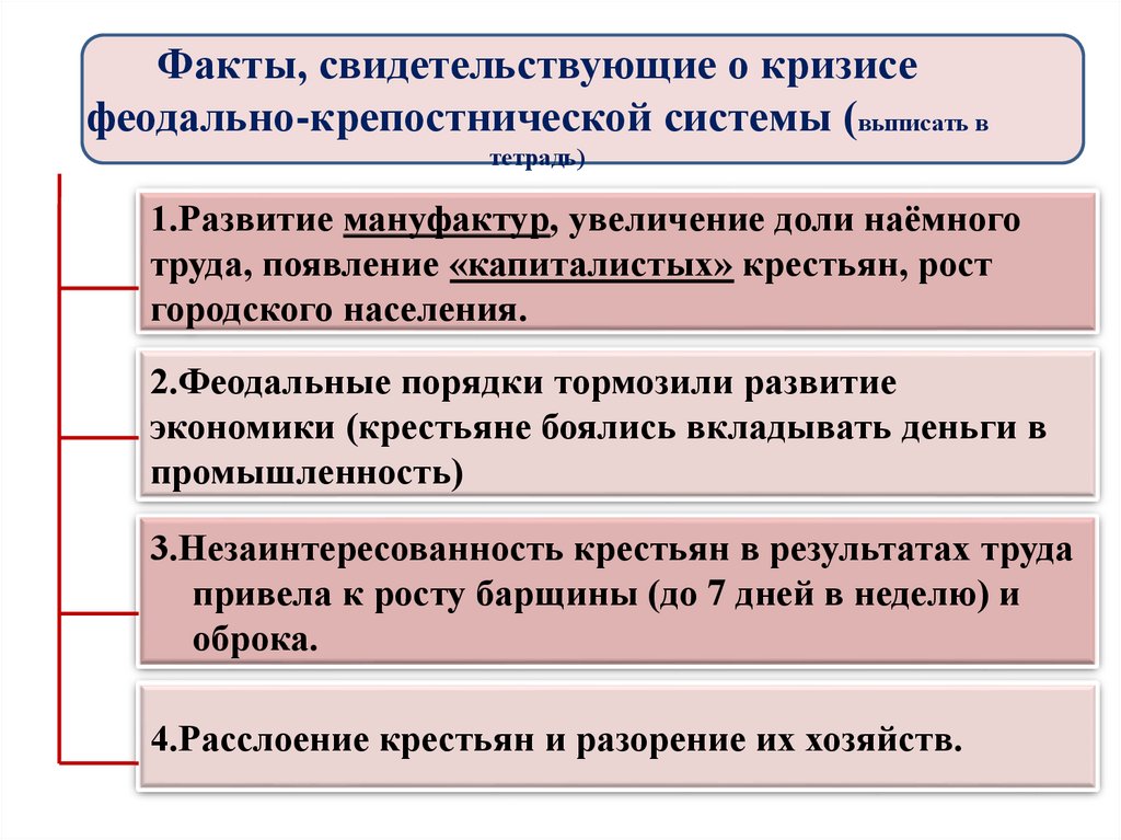Факты, свидетельствующие о кризисе феодально-крепостнической системы (выписать в тетрадь)