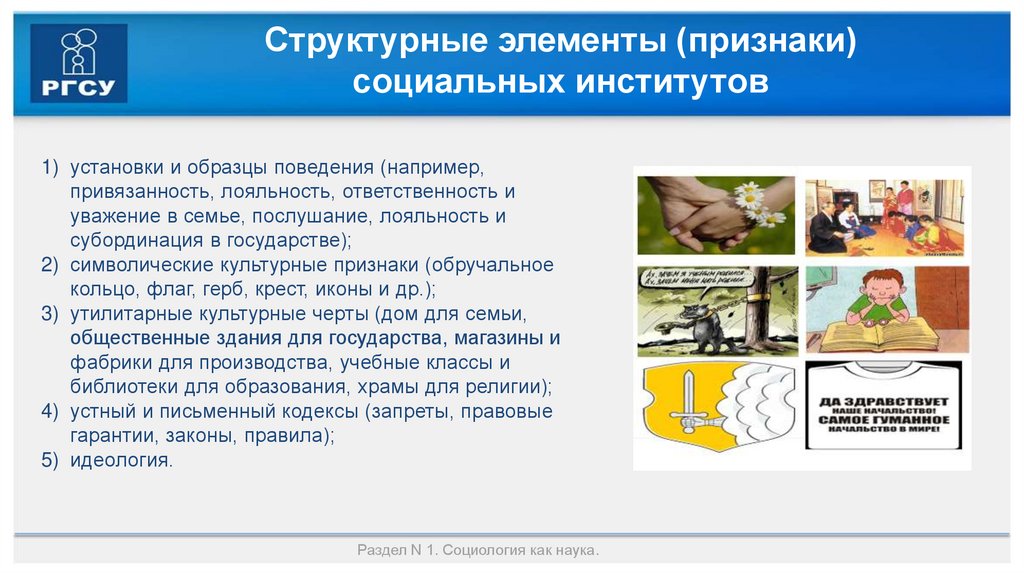 Структурные элементы (признаки) социальных институтов