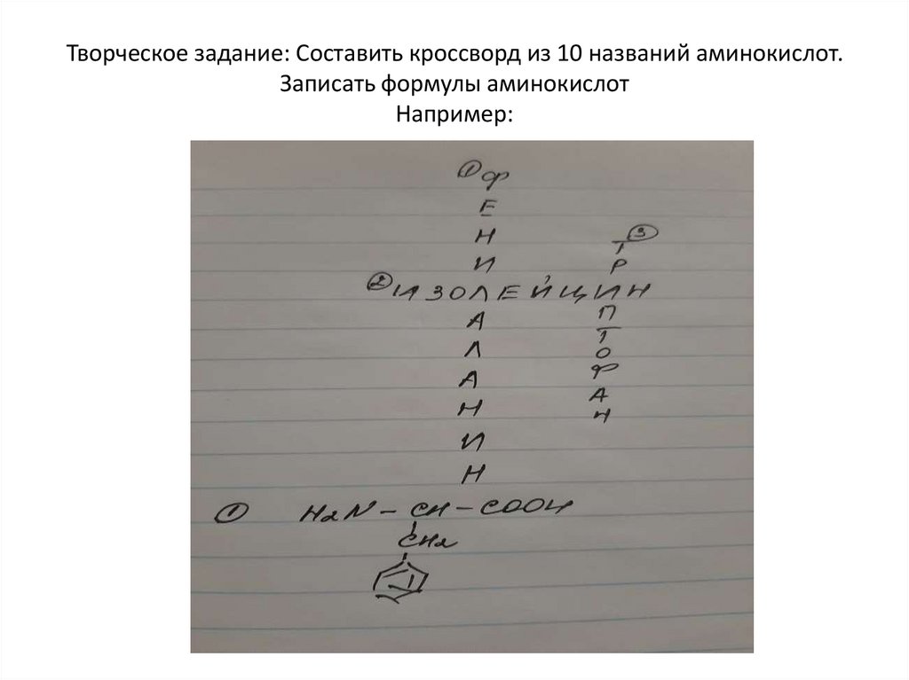 Творческое задание: Составить кроссворд из 10 названий аминокислот. Записать формулы аминокислот Например: