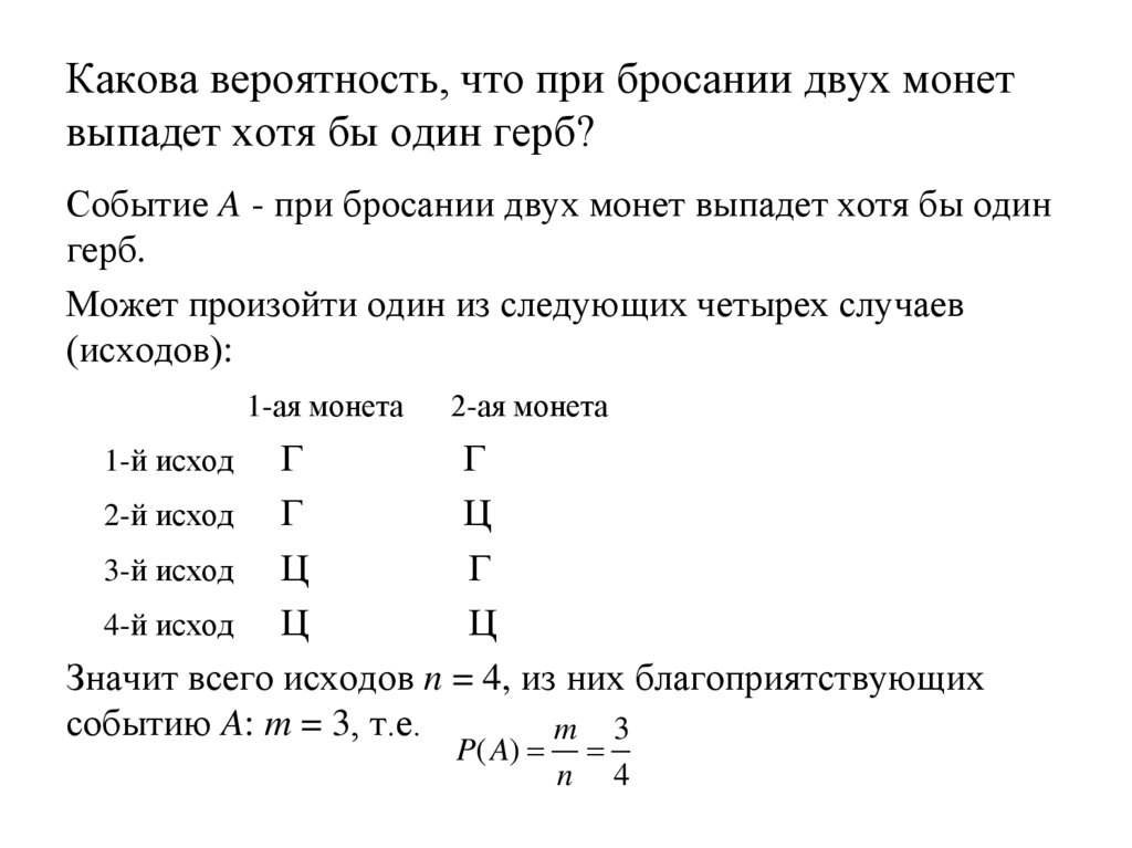 Какова вероятность, что при бросании двух монет выпадет хотя бы один герб?