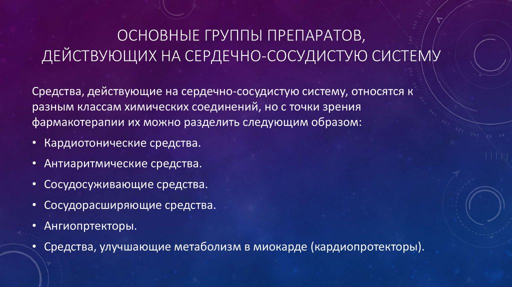 Основные группы препаратов, действующих на сердечно-сосудистую систему