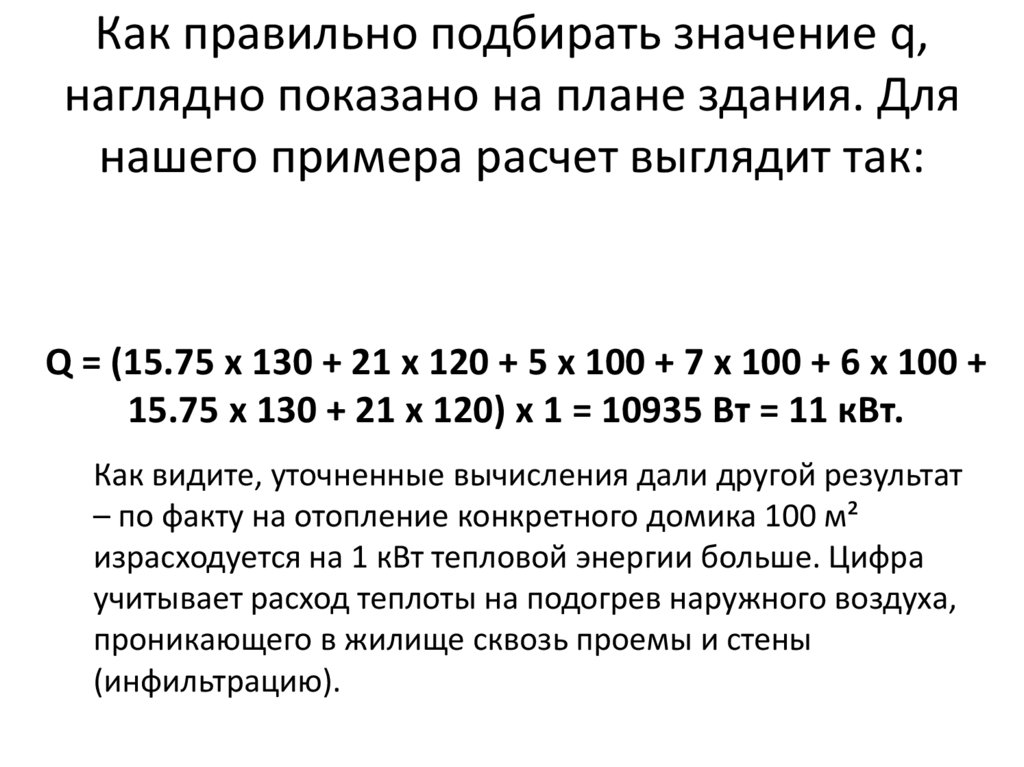 Как правильно подбирать значение q, наглядно показано на плане здания. Для нашего примера расчет выглядит так: