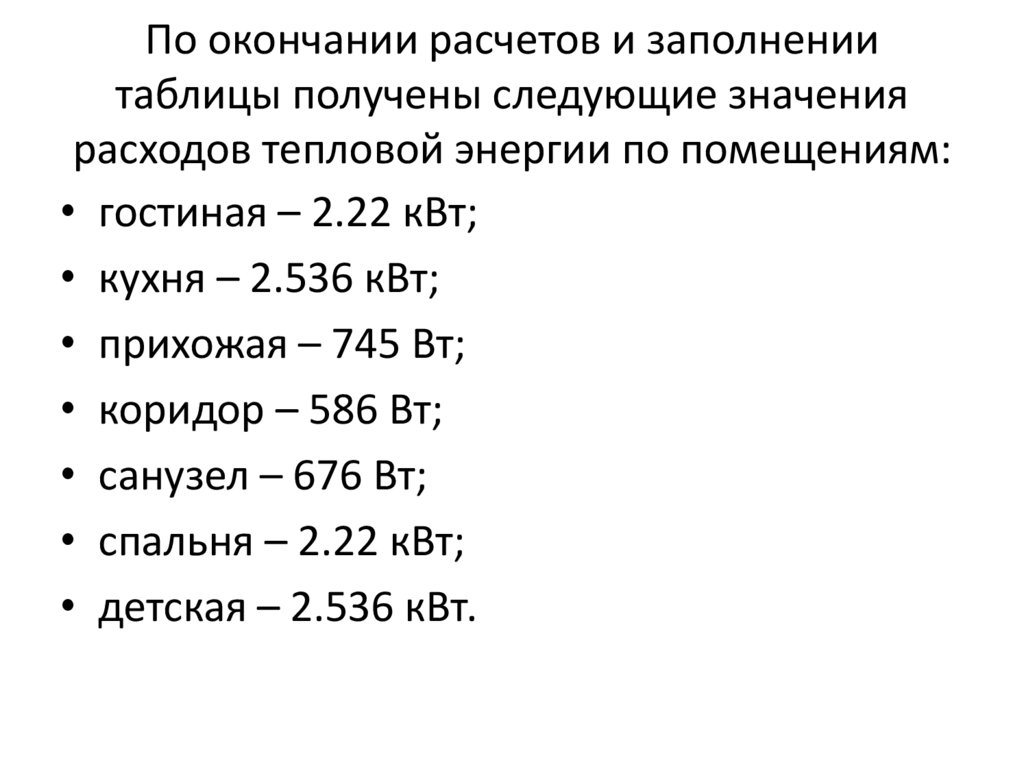 По окончании расчетов и заполнении таблицы получены следующие значения расходов тепловой энергии по помещениям: