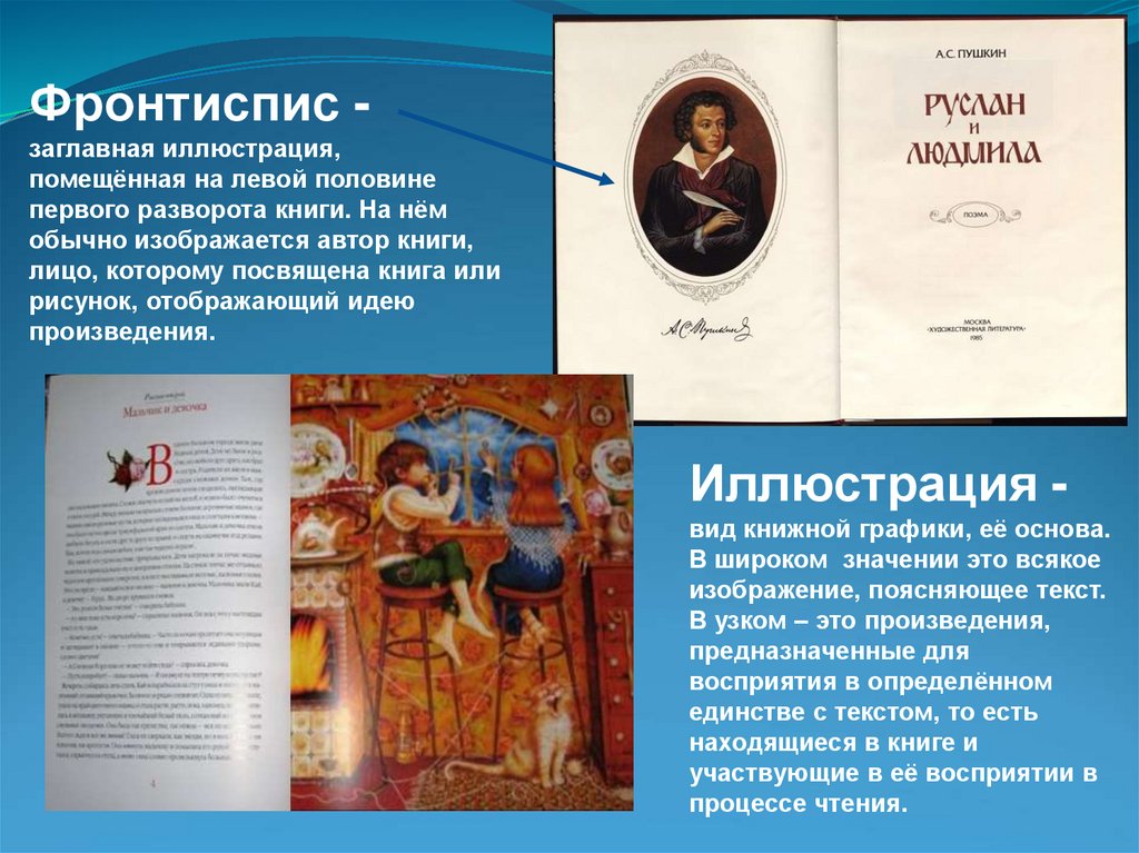 Фронтиспис - заглавная иллюстрация, помещённая на левой половине первого разворота книги. На нём обычно изображается автор