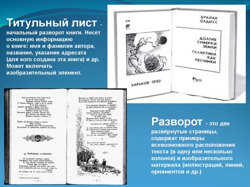 Титульный лист - начальный разворот книги. Несёт основную информацию о книге: имя и фамилия автора, название, указание адресата