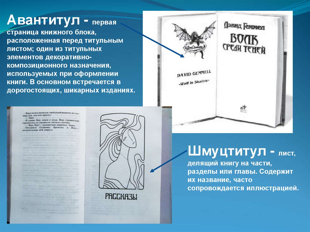 Авантитул - первая страница книжного блока, расположенная перед титульным листом; один из титульных элементов