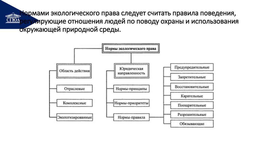 Нормами экологического права следует считать правила поведения, регулирующие отношения людей по поводу охраны и использования