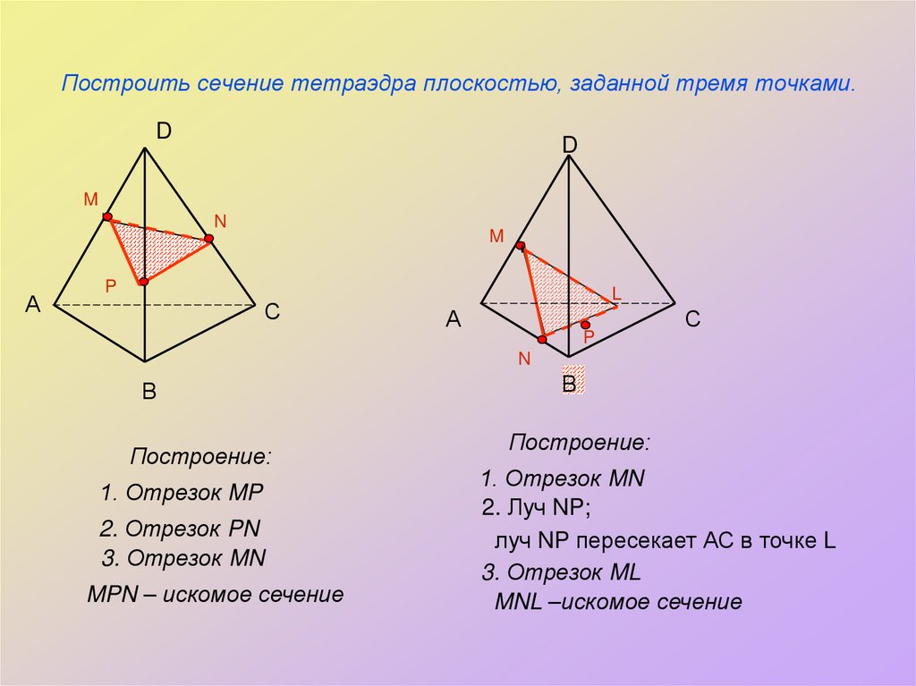 Построить сечение тетраэдра плоскостью, заданной тремя точками.