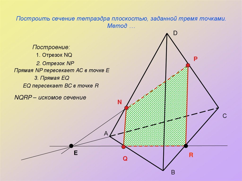 Построить сечение тетраэдра плоскостью, заданной тремя точками. Метод …