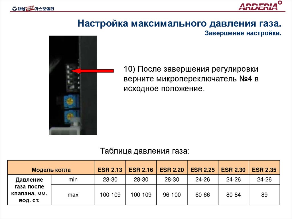 Настройка максимального давления газа. Завершение настройки.