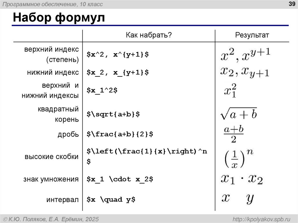 Набор формул