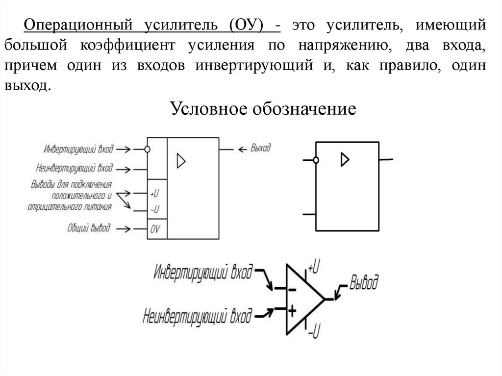Операционный усилитель (ОУ) - это усилитель, имеющий большой коэффициент усиления по напряжению, два входа, причем один из