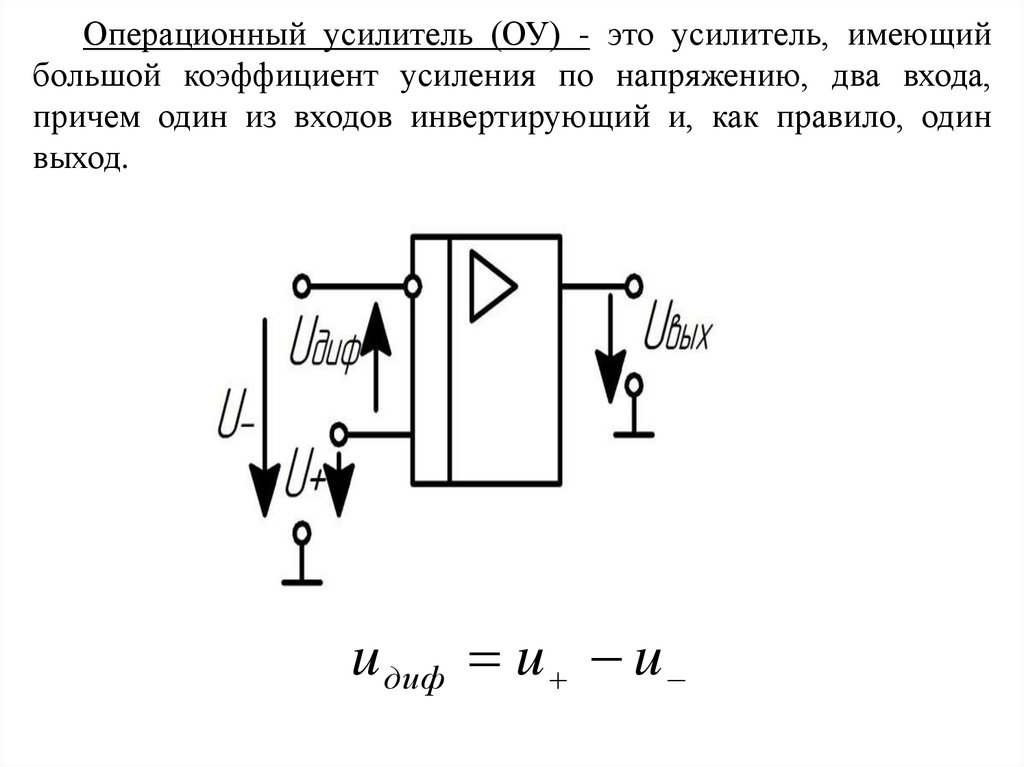 Операционный усилитель (ОУ) - это усилитель, имеющий большой коэффициент усиления по напряжению, два входа, причем один из