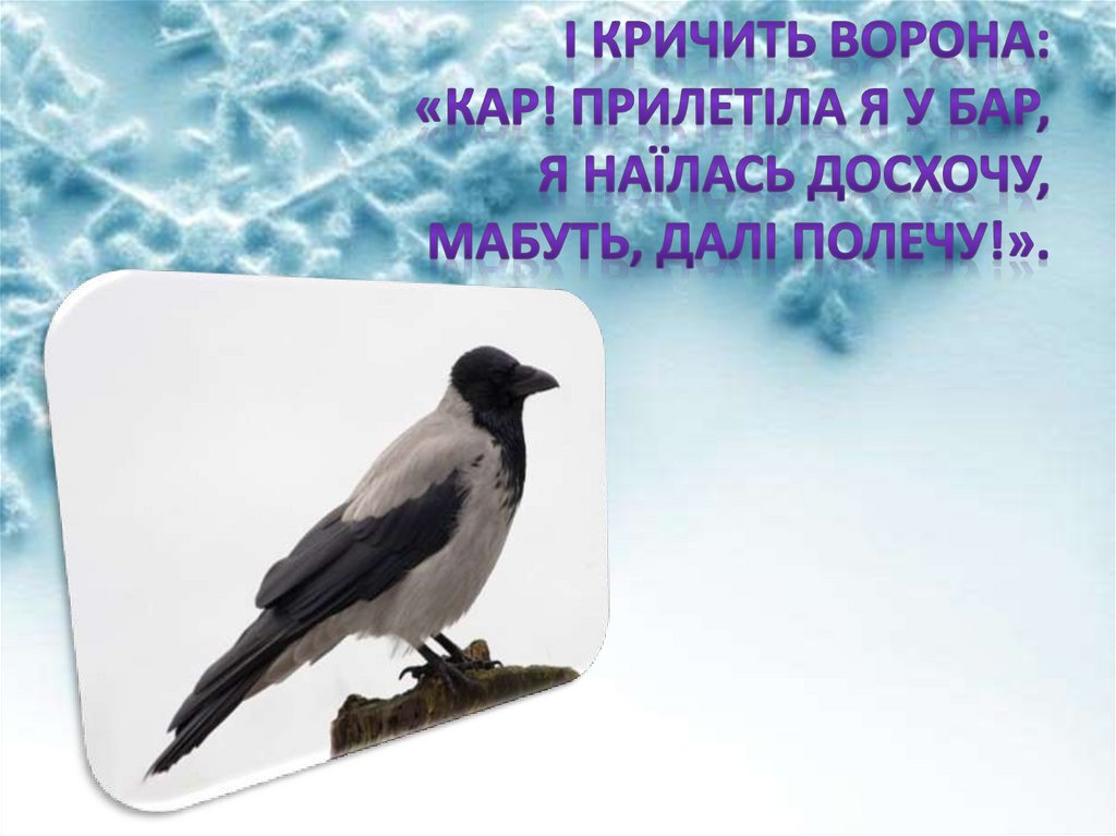 І кричить ворона: «Кар! Прилетіла я у бар, Я наїлась досхочу, Мабуть, далі полечу!».