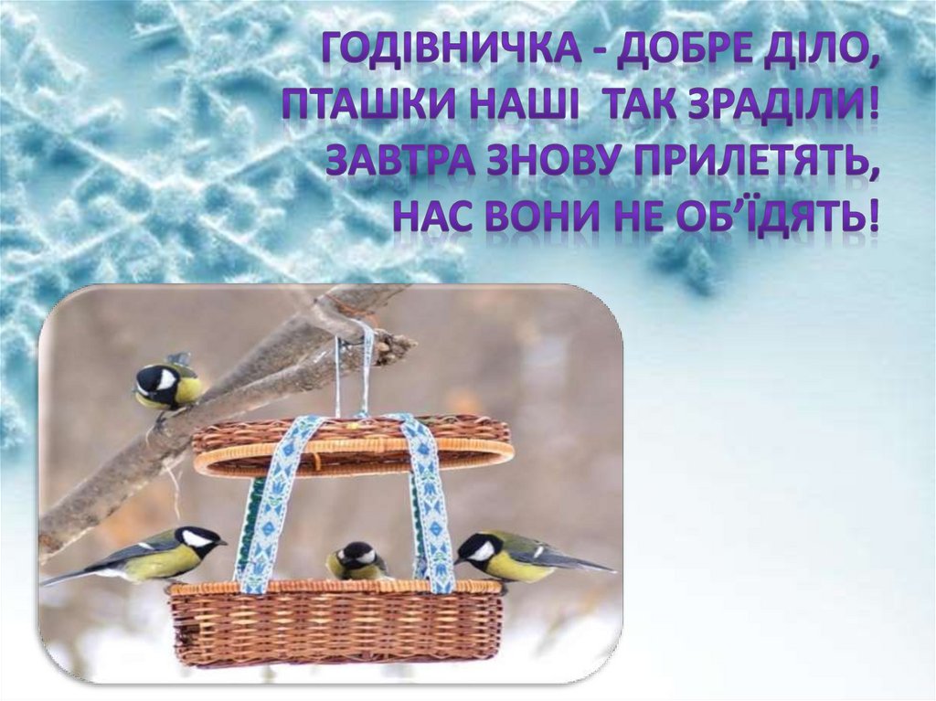 Годівничка - добре діло, Пташки наші так зраділи! Завтра знову прилетять, Нас вони не об’їдять!