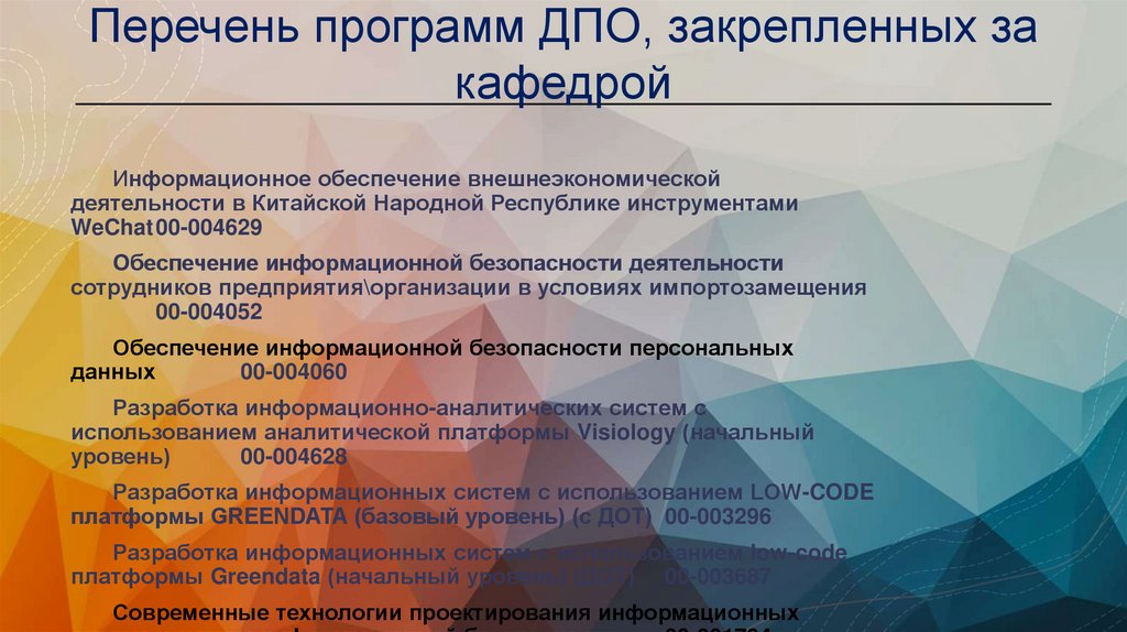 Перечень программ ДПО, закрепленных за кафедрой