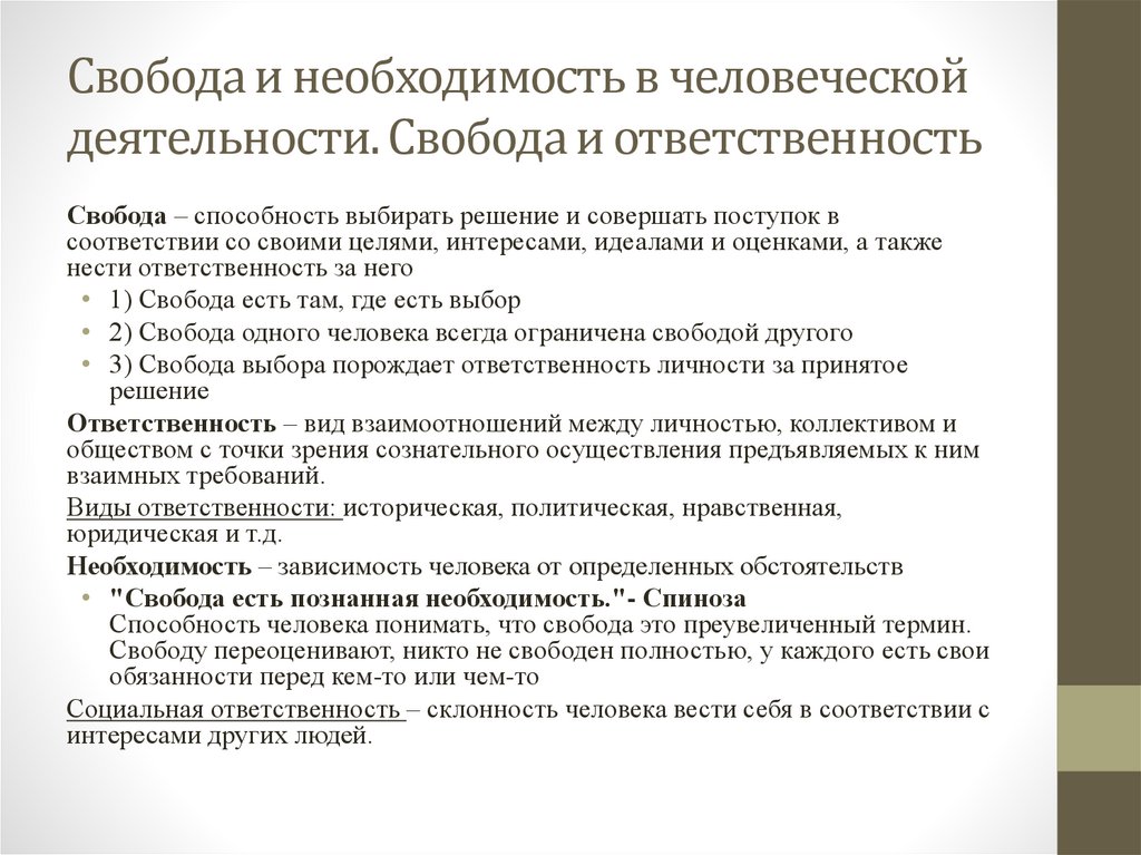 Свобода и необходимость в человеческой деятельности. Свобода и ответственность
