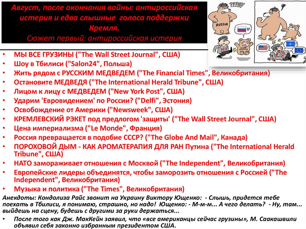 Август, после окончания войны: антироссийская истерия и едва слышные голоса поддержки Кремля. Сюжет первый: антироссийская