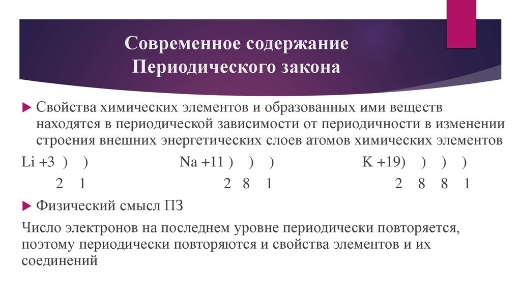 Современное содержание Периодического закона