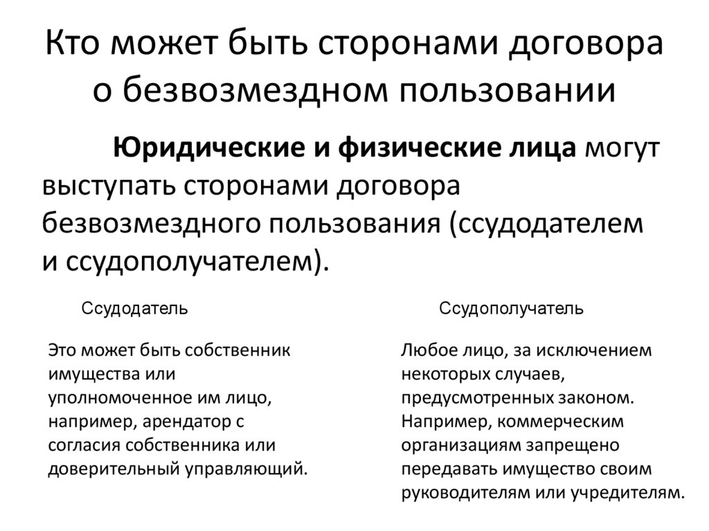 Кто может быть сторонами договора о безвозмездном пользовании