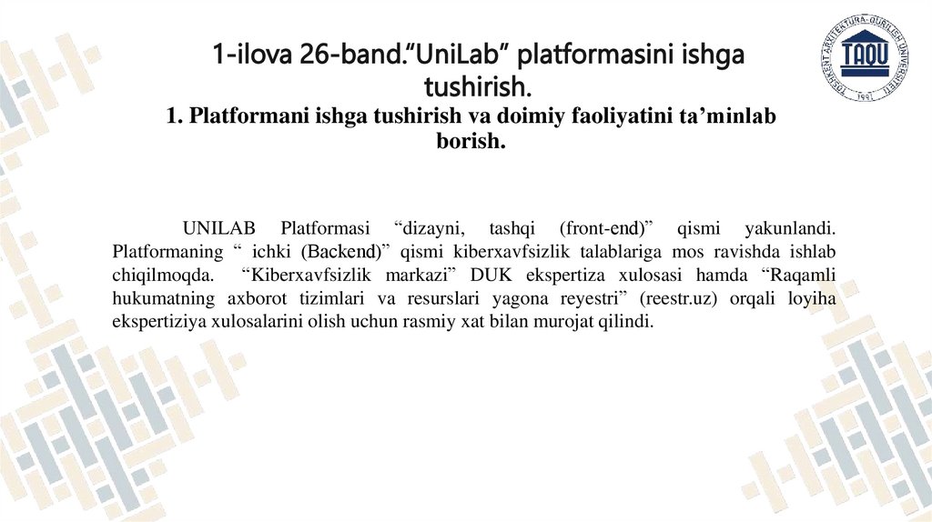 1. Platformani ishga tushirish va doimiy faoliyatini taʼminlab borish.