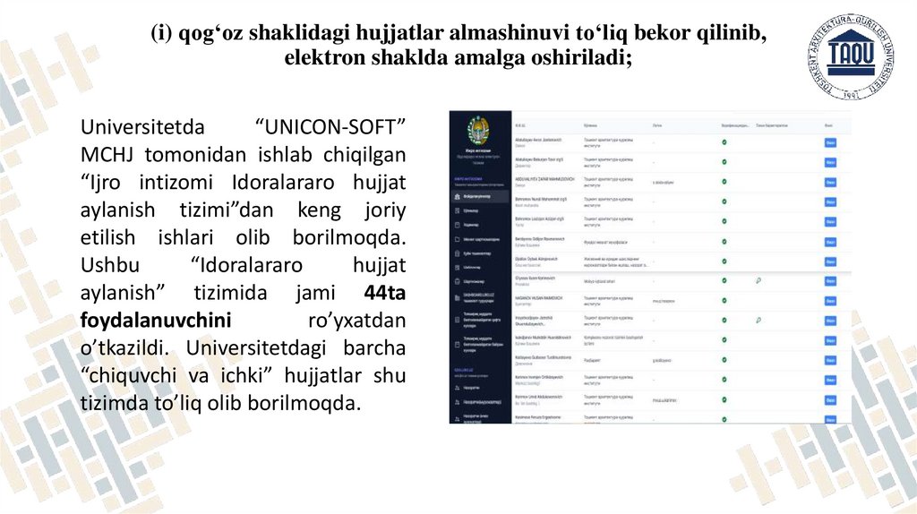 (i) qogʻoz shaklidagi hujjatlar almashinuvi toʻliq bekor qilinib, elektron shaklda amalga oshiriladi;