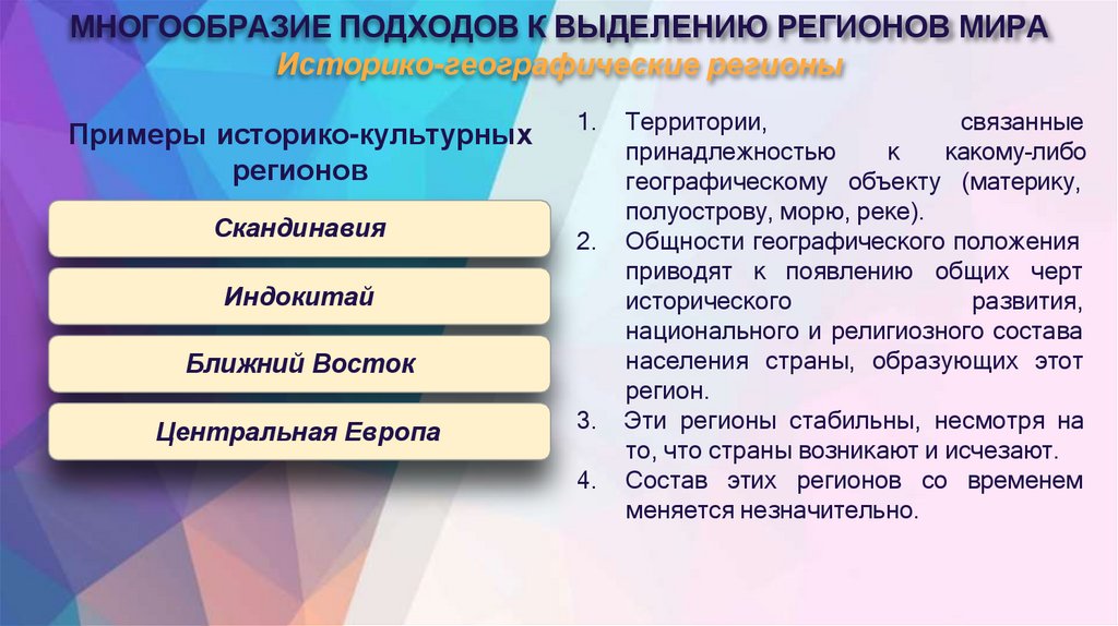 МНОГООБРАЗИЕ ПОДХОДОВ К ВЫДЕЛЕНИЮ РЕГИОНОВ МИРА Историко-географические регионы