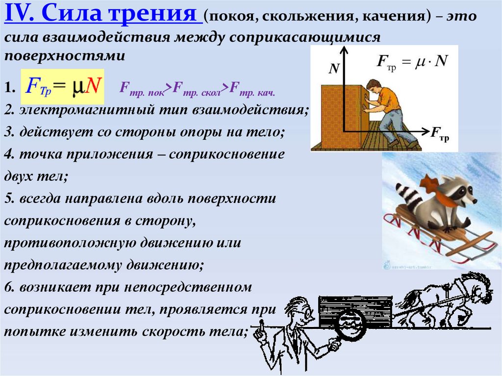 IV. Сила трения (покоя, скольжения, качения) – это сила взаимодействия между соприкасающимися поверхностями