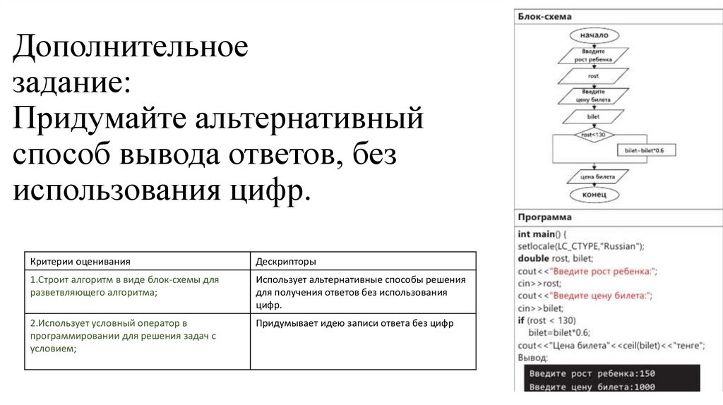 Дополнительное задание: Придумайте альтернативный способ вывода ответов, без использования цифр.