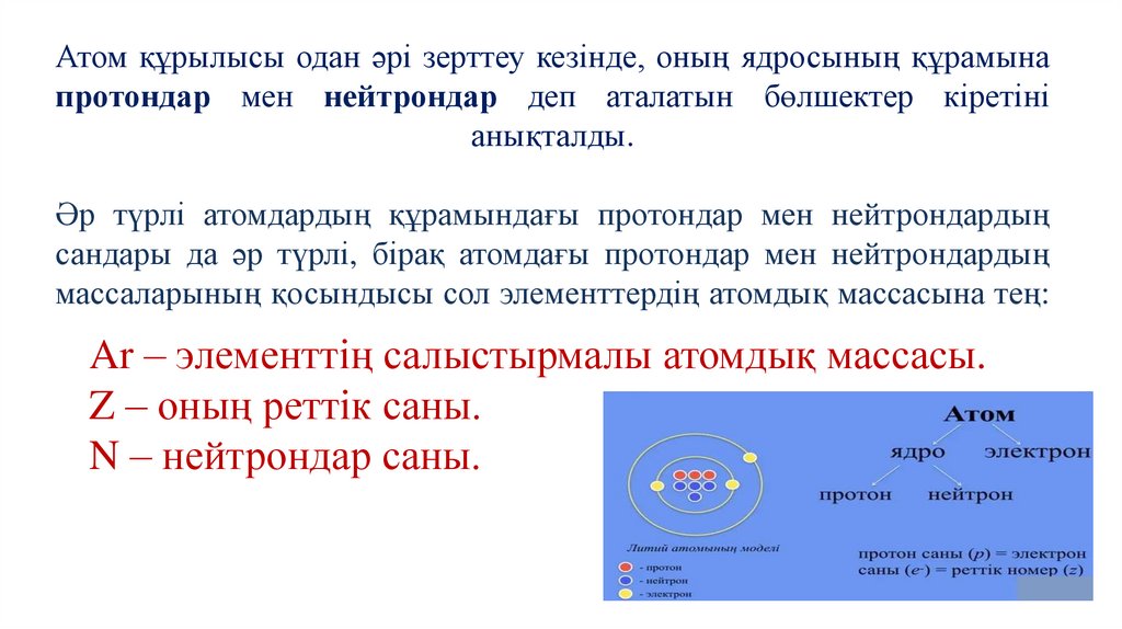 Атом құрылысы одан әрі зерттеу кезінде, оның ядросының құрамына протондар мен нейтрондар деп аталатын бөлшектер кіретіні