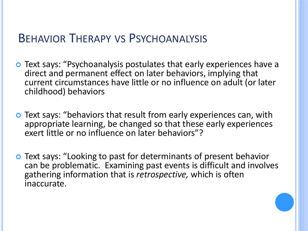 Behavior Therapy vs Psychoanalysis