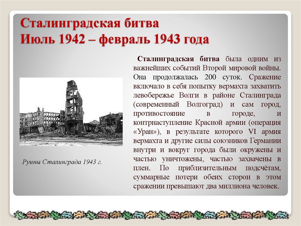 Сталинградская битва Июль 1942 – февраль 1943 года