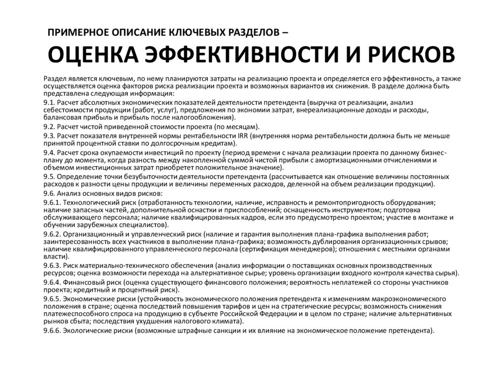 Примерное описание ключевых разделов – оценка эффективности и рисков
