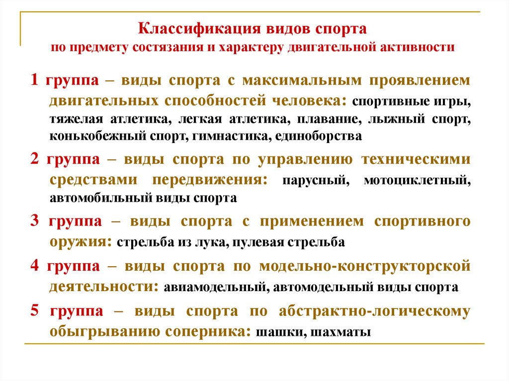 Классификация видов спорта по предмету состязания и характеру двигательной активности