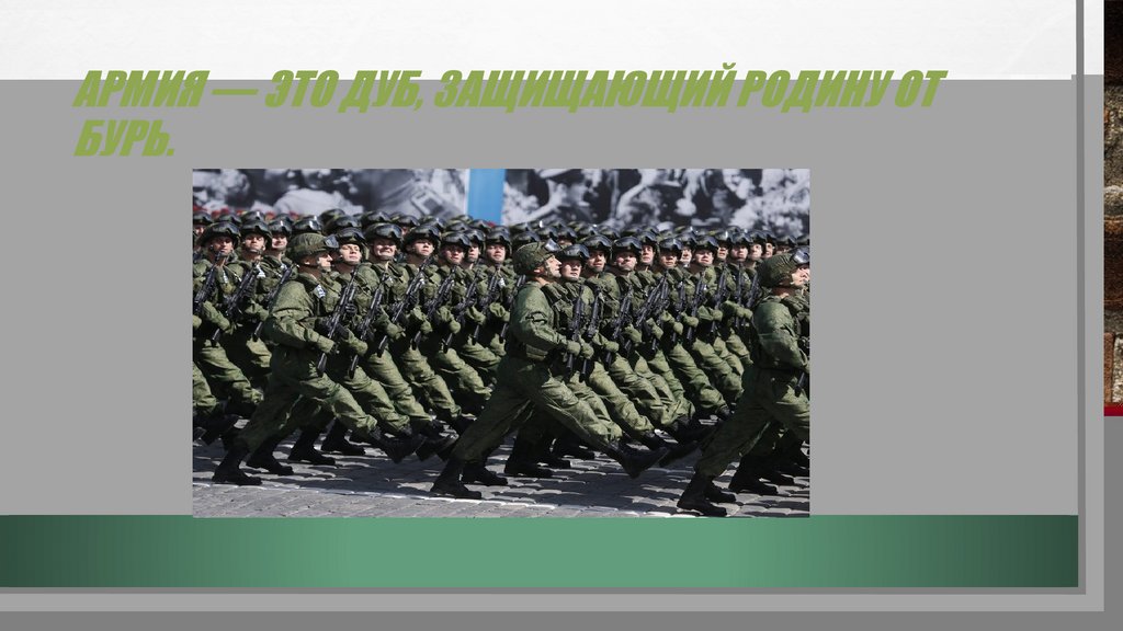 Армия — это дуб, защищающий Родину от бурь.
