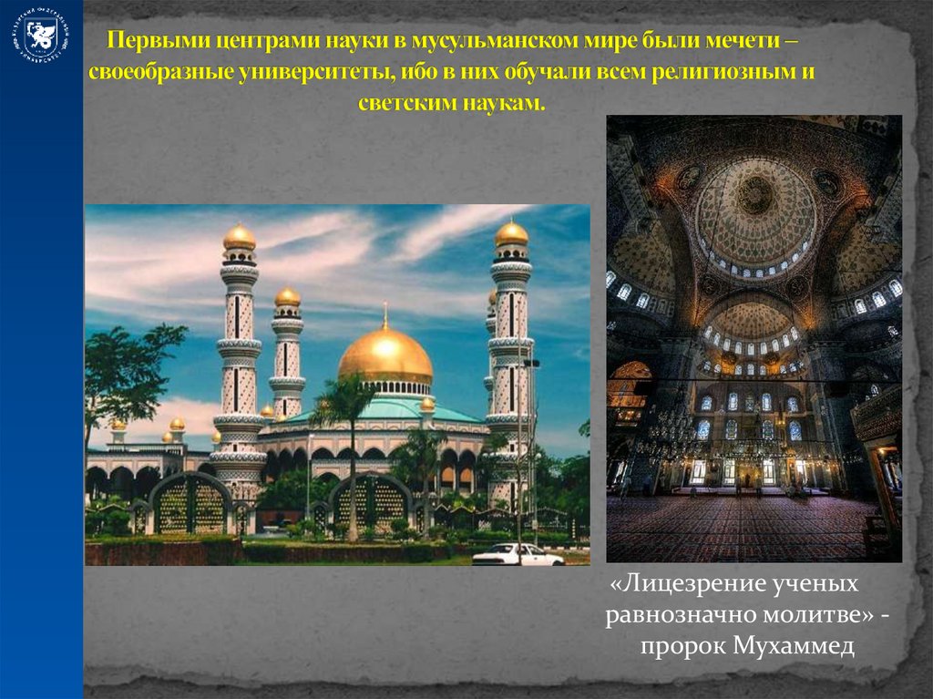 Первыми центрами науки в мусульманском мире были мечети – своеобразные университеты, ибо в них обучали всем религиозным и