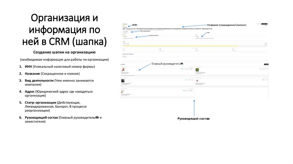 Организация и информация по ней в CRM (шапка)